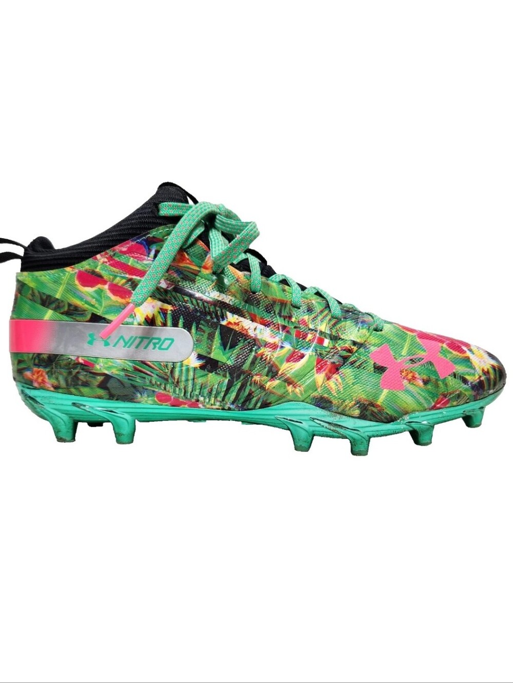 UNDER ARMOUR Nitro Mid Tropical Rain Forest MC Football Cleats Sz 10 Green Pink